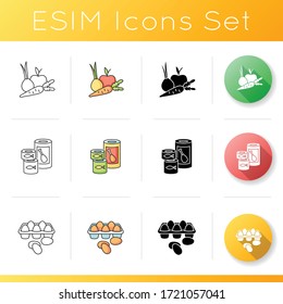 Grocery sections icons set. Fresh vegetables, organic fruits. Canned meat, preserved fish in tin. Fresh egg in tray package. Linear, black and RGB color styles. Isolated vector illustrations