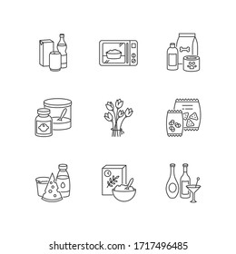 Grocery sections pixel perfect linear icons set. Beverages in packages. Microwave food. Baby food. Customizable thin line contour symbols. Isolated vector outline illustrations. Editable stroke