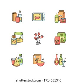 Grocery sections RGB color icons set. Beverages in packages. Microwave food. Pet care products. Baby food. Flower bouquet. Snack chips and crackers. Dairy products. Isolated vector illustrations