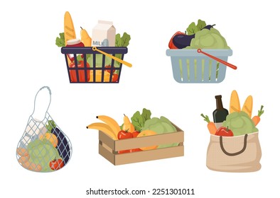 grocery set in baskets, string bag, box and bag