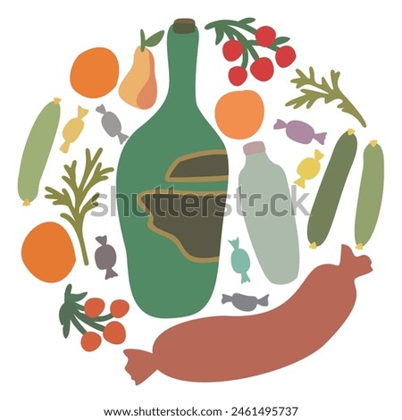 Grocery set in a circle. Vector flat isolated illustration. Wine bottle, bottle of milk, cucumbers, oranges, candies, pear, sausage, berries, dill.