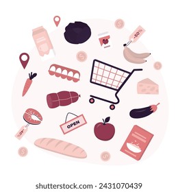 Grocery set, food collection. Vegetables, fruits, dairy products and others. Natural organic nutrition. Shopping, retail concept. Fresh vitamin grocery products. Colored flat vector illustration