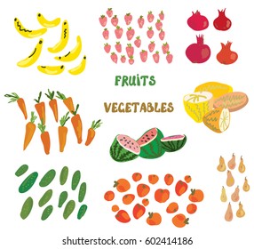 Grocery set with fruits and vegetables - funny style, vector graphic illustration