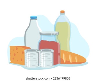 Grocery set. Including cheese, tomato paste, bread, dairy products, canned food, sunflower oil. Vector illustration in flat style