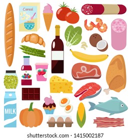 Lebensmittelgeschäft. Milch, Gemüse, Fleisch, Huhn, Käse, Würste, Wein, Obst, Fisch, Müsli, Saft. Vektorgrafik, flaches Design.