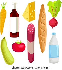 Grocery set. Milk, vegetables, meat, cheese, wine, tomatoes, carrots, beets, carrots, zucchini. Vector illustration, flat design.