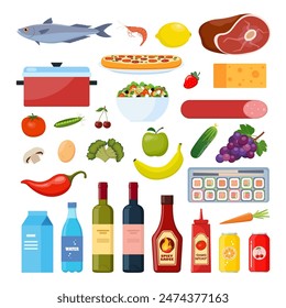 Grocery set. Milk, vegetables, meat, bread, cheese, sausages, wine fruits fish cereal juice Vector illustration flat design