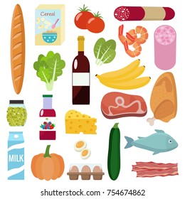 Grocery set. Milk, vegetables, meat, chicken, cheese, sausages, wine, fruits, fish, cereal, juice. Vector illustration, flat design.