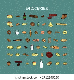 Grocery set. Vector hand drawn doodle color illustration.