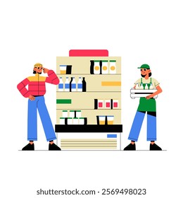 Grocery Shelf With Female Worker And Female Customer In Flat Vector Illustration Symbolizing Retail Shopping And Supermarket Scene, Isolated On White Background