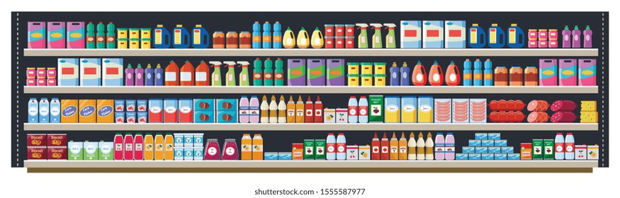 Grocery Shelf In A Supermarket Or Retail Store With Products, Food And Drinks, Bottles And Boxes. Grocery Shelf In A Shop And Market With A Large Assortment Of Products, Flat Vector Illustration.