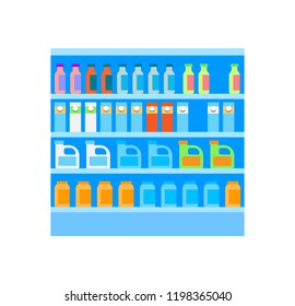 Grocery shelves with bottles and packages isolated icon of store vector. Refrigerator with liquids and beverages. Milk and juice, water products set