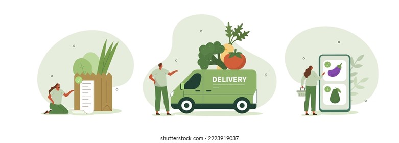 Grocery shipping illustration set. Character buying online fresh organic vegetables,  paying for an order and getting groceries delivered. Grocery food delivery concept. Vector illustration.