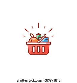 Grocery Shop Basket Full Of Food, Shopping Special Offer Promotion, Best Deal, Good Quality Products, Vector Line Icon Design