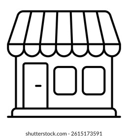 Grocery shop building thin line icon, eat what you want concept. Vector graphics. Market house sign on white background, style mobile or design