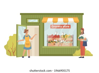 Grocery shop and cartoon people isolated. Vector greengrocery store facade exterior building, seller invites buyer to buy fruits, vegetables. Vector eco, organic food, vegetarian vegan products market