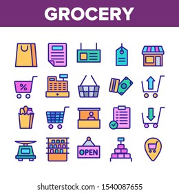 Grocery Shop Collection Elements Icons Set Vector Thin Line. Badge And Product List, Money And Bag, Basket And Grocery Market Store Concept Linear Pictograms. Color Contour Illustrations