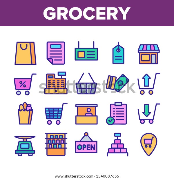 Grocery Shop Collection Elements Icons Set Vector Thin Line. Badge And