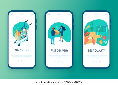 Grocery shop concept templates for mobile app page. Can use for web banner, infographics, hero images. Flat isometric modern vector illustration.