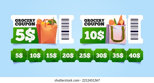 cupones de tienda de comestibles, vales de regalo para supermercado o tienda. Plantilla de etiquetas de descuento con bolsas de compras de algodón y papel con alimentos, ilustración de caricatura vectorial