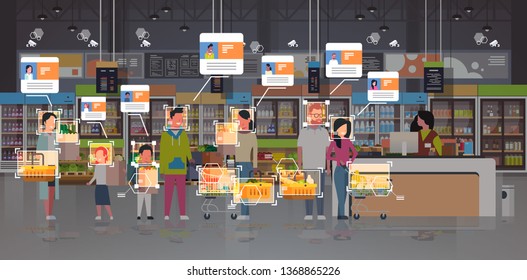 Grocery Shop Customers Identification Surveillance Cctv Facial Recognition Concept Mix Race People Standing Line Queue At Cash Desk Modern Supermarket Interior Security Camera System Horizontal