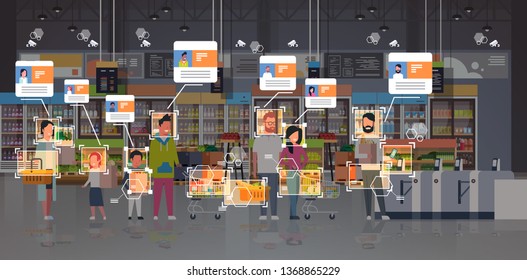 Grocery Shop Customers Identification Surveillance Cctv Facial Recognition Concept Mix Race People Standing Line Queue At Cash Desk Modern Supermarket Interior Security Camera System Horizontal