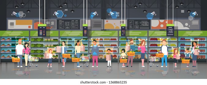 Grocery Shop Customers Identification Surveillance Cctv Facial Recognition Concept Mix Race People Holding Bags Baskets Trolley Carts Modern Supermarket Interior Security Camera System Horizontal