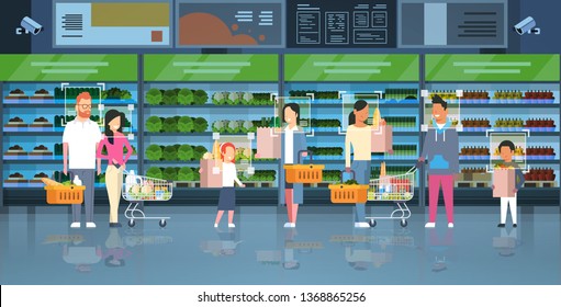 Grocery Shop Customers Identification Surveillance Cctv Facial Recognition Concept Mix Race People Holding Bags Baskets Trolley Carts Modern Supermarket Interior Security Camera System Horizontal