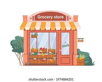 Grocery shop facade exterior isolated flat cartoon building. Vector eco, organic food store. Vegetarian, vegan products, goods assortment. Fruits and vegetables market, shopping, commerce, trade