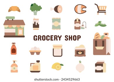 Grocery Shop Flat Vector Illustration Icon Sticker Set Design Materials