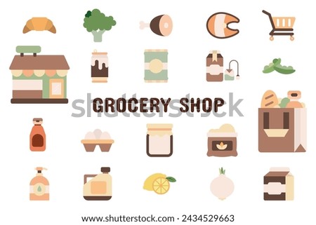Grocery Shop Flat Vector Illustration Icon Sticker Set Design Materials