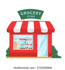 Grocery shop front. Store facade flat illustration. Eco, organic local store building exterior. Products on shelves. Fruits and vegetables market. Flat isolated vector illustration on white background