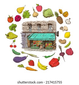 Grocery shop hand drawn, vector illustration 