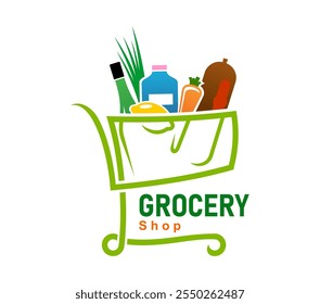 Icono de la tienda de comestibles con Carrito de compras lleno de alimentos como botella, pan, zanahoria, limón y verduras. Emblema de Vector aislado para supermercados, tiendas de comestibles o plataformas de compras en línea