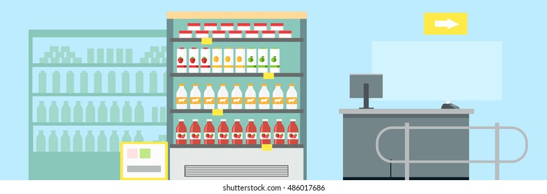 Innenarchitektur eines Lebensmittelgeschäfts, Vektorgrafik. Flaches Design. Kühlschrank mit Nahrung, Regale mit Waren, Tresorausrüstung mit Zahlungsterminal. Illustration für Einkaufs- und Zahlungsdienste und Werbung.