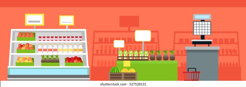 Grocery shop interior concept vector. Flat design. Showcase, shelves and boxes with fruits, vegetables, milk products, check printing scales. Trade equipment and merchandising work Illustrating.