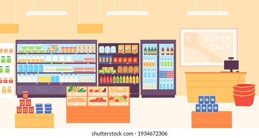 Grocery shop interior. Supermarket with food product shelves, racks with dairy, fruits, fridge with drinks and cashier. Store vector concept