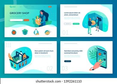 Grocery shop landing page template. Can use for web banner, infographics, hero images. Flat isometric modern vector illustration.
