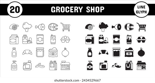 Grocery Shop Line Glyph Vector Illustration Icon Sticker Set Design Materials