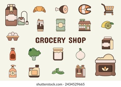 Grocery Shop Lineal Color Vector Illustration Icon Sticker Set Design Materials