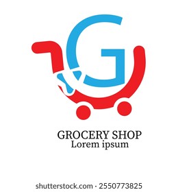 A grocery shop logo featuring a harmonious blend of red and sky blue colors. The design includes a vibrant red shopping cart icon at the center, surrounded by fresh produce illustrations like apples, 