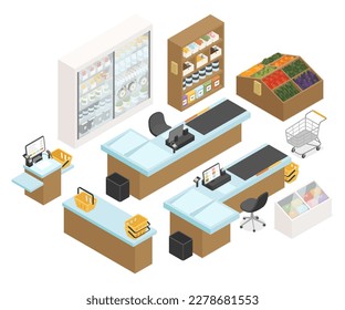 Grocery shop - modern colorful vector isometric object set isolated on white background. High quality interior elements, food at the store. Supermarket with refrigerator, shelves, vegetables