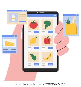 Imagen vectorial en línea de la tienda de comestibles. Concepto de compras en línea, elección de comida. Mercado en línea de alimentos saludables. Persona sosteniendo el teléfono, verduras apareciendo en la pantalla. Entrega de comida