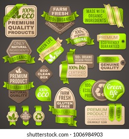 Grocery shop organic vector signs. Supermarket package labels for healthy fresh vegetables. Badge and label for shopping tag illustration