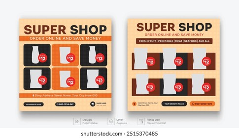 Grocery Shop promotion catalog social media post set template, product catalog sale promotion web banner social media