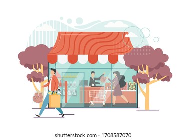 Tienda de comestibles con el vendedor de cajero masculino y el comprador hembra comprar manzanas, vectorial de estilo plano ilustración de diseño. Tienda de comestibles, supermercado.