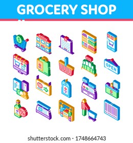 Grocery Shop Shopping Collection Icons Set Vector. Internet Grocery Shop Or In Super Market, Scales And Cash Machine Isometric Illustrations