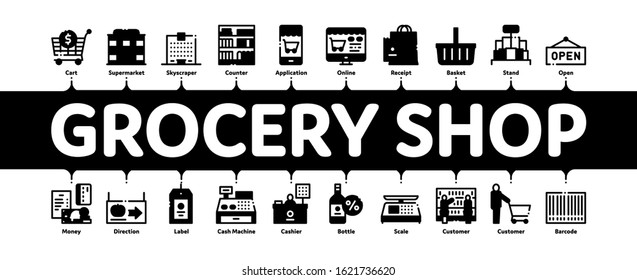 Grocery Shop Shopping Minimal Infographic Web Banner Vector. Internet Grocery Shop Or In Super Market, Scales And Cash Machine Concept Illustrations