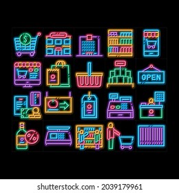 Grocery Shop Shopping neon light sign vector. Glowing bright icon  Internet Grocery Shop Or In Super Market, Scales And Cash Machine Illustrations