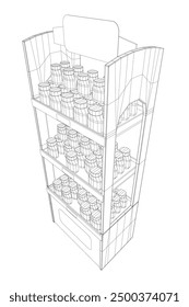 Grocery shop showcase. Supermarket with food product shelves, racks. Store vector concept